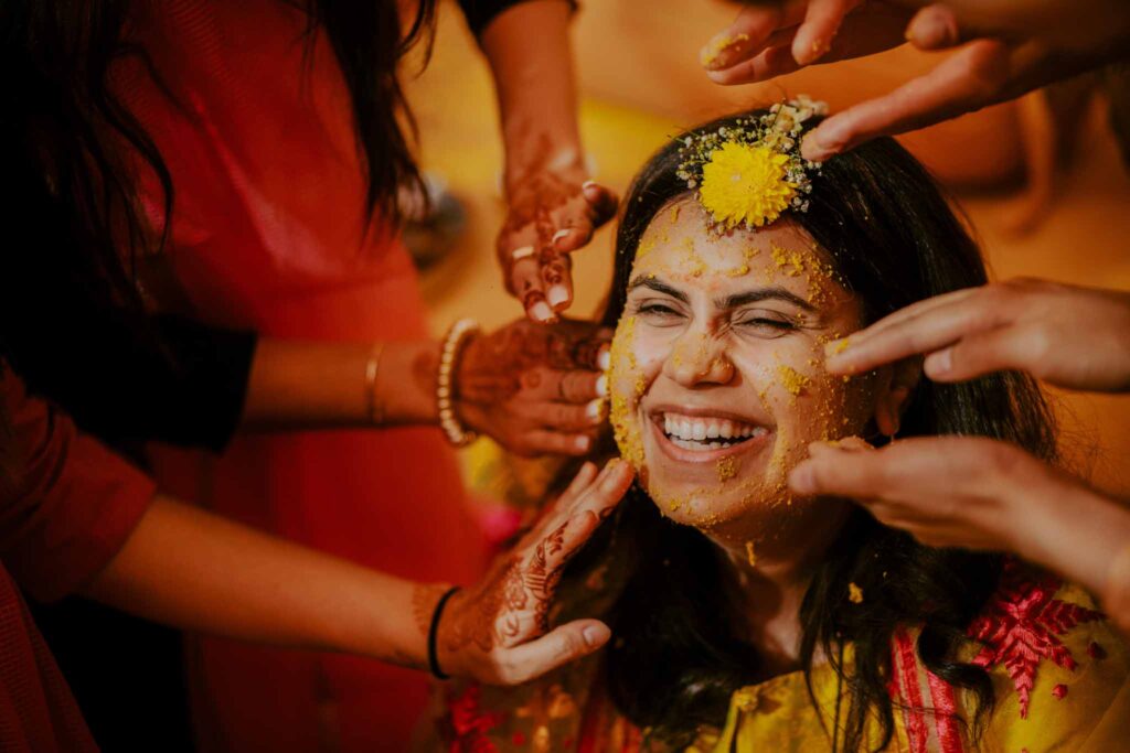 Close up view of a bride during her haldi