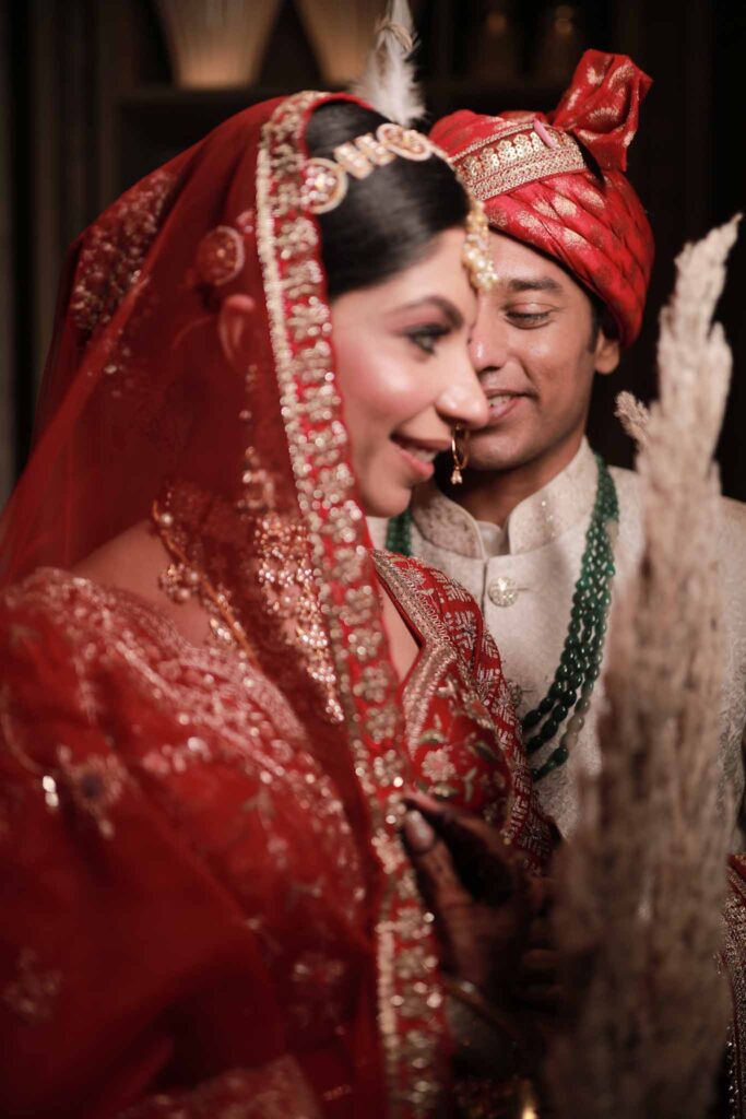 Closeup view of a smiling bride and groom